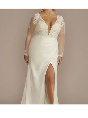 DB Studio recycled lace sheer long sleeve wedding dress with front slit sz 26W